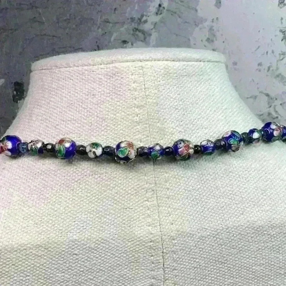 Vintage Cloisonné Blue Necklace Floral - Picture 6 of 6